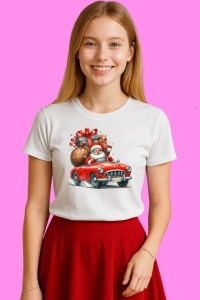 Tricou Mos Craciun In Masina Rosie Cu Sac De Cadouri, din bumbac 100%, tricou alb, Copii | Dama | Barbat - Img 3