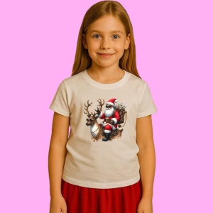 Tricou Mos Craciun Pe Ren Cool Cu Ochelari, din bumbac 100%, tricou alb, Copii | Dama | Barbat