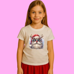 Tricou Mos Craciun Pufos Cu Ochelari, din bumbac 100%, tricou alb, Copii | Dama | Barbat