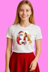 Tricou Mos Craciun Si Iisus Schimb De Cadouri, din bumbac 100%, tricou alb, Copii | Dama | Barbat - Img 3