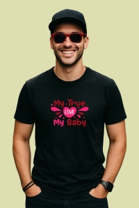 Tricou My True Love My Baby Text Roz Inimi, din bumbac 100%, tricou negru Copii | Dama | Barbat