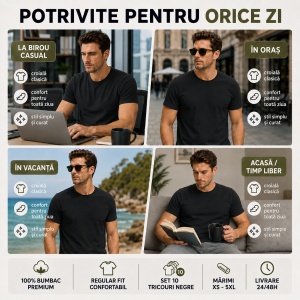 Tricou negru clasic barbat Set 10 tricouri Negre din bumbac 100%, Perfecte pentru Orice Ocazie - Img 3