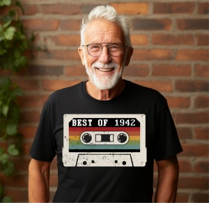 Un bărbat zâmbitor cu păr grizonat purtând un tricou negru cu o imagine stilizată a unei casete audio și textul ''Best of 1942''.