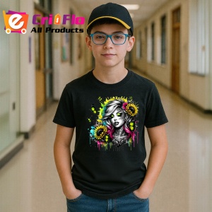 Tricou Neon eyes girl flowers tattoo, fata cu ochi neon si tatuaje florale, Copii | Dama | Barbat , tricou negru - Img 5