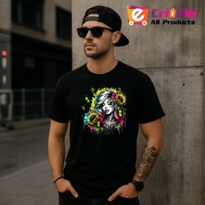 Tricou Neon eyes girl flowers tattoo, fata cu ochi neon si tatuaje florale, Copii | Dama | Barbat , tricou negru - Img 11
