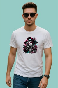 Tricou noir woman fedora hat rose tattoo, femeie stil noir cu palarie fedora si trandafiri, Copii | Dama | Barbat - Img 2