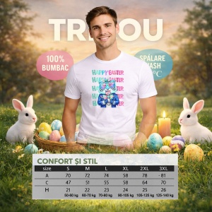 Tricou Paste Bunny Cool Ochelari Happy Easter Aesthetic, din bumbac 100%, tricou alb, Copii | Dama | Barbat - Img 4