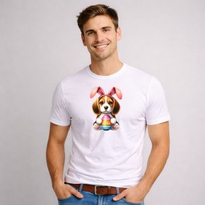Tricou Paste Catel Iepuras Paste Oua Colorate Cos, din bumbac 100%, tricou alb, Copii | Dama | Barbat - Img 2