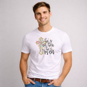 Tricou Paste Cruce Crestina He Is Risen Pastel Decor, din bumbac 100%, tricou alb, Copii | Dama | Barbat - Img 3