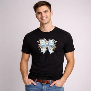 Tricou Paste Fundita Albastra Pastel Cu Flori Decor Premium, din bumbac 100%, tricou negru, Copii | Dama | Barbat - Img 3