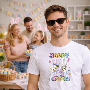 Tricou Paste Happy Easter Iepurasi Colorati Text Vesel, din bumbac 100%, tricou alb, Copii | Dama | Barbat - Img 7