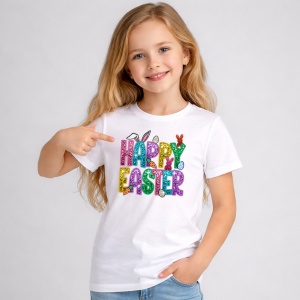 Tricou Paste Happy Easter Text Colorat Glitter Decor, din bumbac 100%, tricou alb, Copii | Dama | Barbat - Img 1