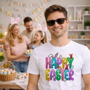 Tricou Paste Happy Easter Text Colorat Glitter Decor, din bumbac 100%, tricou alb, Copii | Dama | Barbat - Img 7