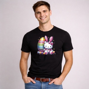 Tricou Paste Hello Kitty Iepuras Paste Ou Decorativ Colorat, din bumbac 100%, tricou negru, Copii | Dama | Barbat