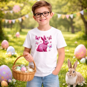 Tricou Paste Iepuras Glitter Roz Cu Fluturi Glam Aesthetic, din bumbac 100%, tricou alb, Copii | Dama | Barbat - Img 5