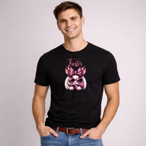 Tricou Paste Iepuras Paste Ochelari Roz Stylish Easter, din bumbac 100%, tricou negru, Copii | Dama | Barbat - Img 2