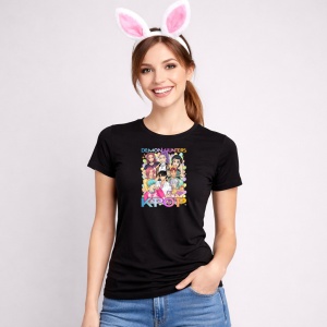 Tricou Paste Kpop Demon Hunters Grup Personaje Anime Colorat, din bumbac 100%, tricou negru, Copii | Dama | Barbat - Img 3