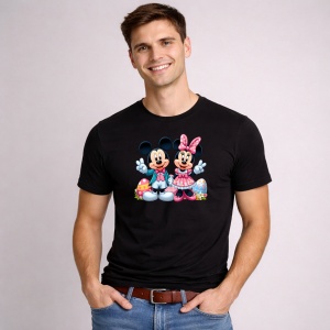 Tricou Paste Mickey Si Minnie Paste Oua Colorate Cuplu Vesel, din bumbac 100%, tricou negru, Copii | Dama | Barbat - Img 2