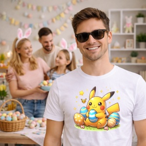 Tricou Paste Pikachu Paste Oua Colorate Iepuras Stelute, din bumbac 100%, tricou alb, Copii | Dama | Barbat - Img 7