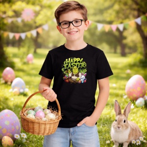Tricou Paste Shrek Happy Easter Cos Iepuras Oua Colorate, din bumbac 100%, tricou negru, Copii | Dama | Barbat - Img 5