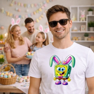 Tricou Paste Spongebob Iepuras Paste Oua Colorate, din bumbac 100%, tricou alb, Copii | Dama | Barbat - Img 7