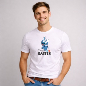 Tricou Paste Stitch Happy Easter Iepuras Oua Colorate Text, din bumbac 100%, tricou alb, Copii | Dama | Barbat - Img 2