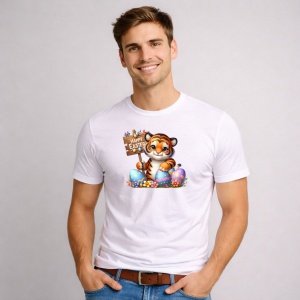 Tricou Paste Tigru Paste Oua Colorate Happy Easter Semn, din bumbac 100%, tricou alb, Copii | Dama | Barbat - Img 3