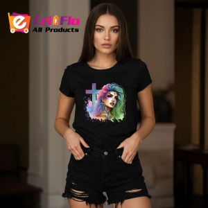 Tricou Pastel cross girl intense look, fata cu cruce pastel si privire intensa, Copii | Dama | Barbat , tricou negru