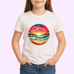 Tricou Peisaj California apus ocean cerc retro valuri si palmieri Copii | Dama | Barbat Barbat