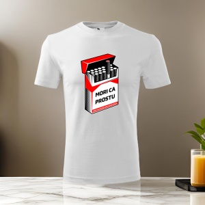 Tricou alb cu un design grafic care imită un pachet de țigări, având mesajul 'Mori ca prostu' și o avertizare la baza pachetului