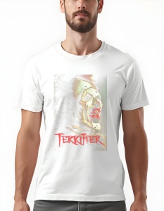 Tricou alb cu un design horror reprezentând un clovn înfricoșător cu machiaj sinistru și zâmbet sângeros, alături de textul 'Terrifier' scris cu litere roșii.
