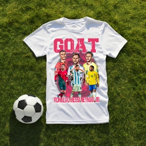 Tricou alb cu designul text 'GOAT' și portrete ale unor jucători celebri de fotbal, așezat pe iarbă alături de o minge de fotbal.