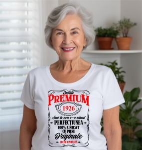 Femeie care poartă un tricou alb personalizat cu mesajul: ''Anul in care s-a nascut perfectiunea (1926), 100% unicat cu piese originale''.