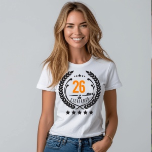 Femeie zâmbitoare purtând un tricou personalizat cu mesajul: ''26 ani de excelenta''