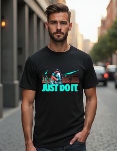 Bărbat purtând un tricou negru cu un design personalizat Nike. Logo-ul „NIKE” și sloganul „JUST DO IT” sunt evidențiate în culori albastru turcoaz și maro, iar designul este completat de un personaj distinctiv de desene animate(Cool Girl) plasat între lit