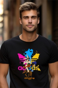 Bărbat cu părul deschis la culoare, purtând un tricou negru cu un design colorat ce include personaje animate (Wile E. Coyote și Road Runner) și pete de vopsea colorată roz, albastru și galben, pe fundal urban.