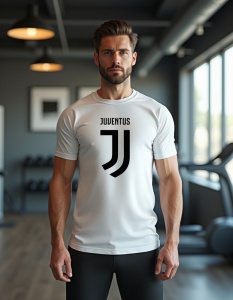 Bărbat purtând un tricou alb cu sigla echipei de fotbal Juventus, constând într-un design minimalist cu litera 'J' stilizată. Bărbatul se află într-o sală de sport, cu fundal întunecat și echipamente de fitness în spate.