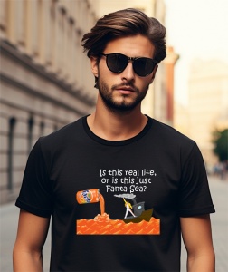 Un bărbat purtând ochelari de soare și un tricou negru cu un design comic ce arată o doză de Fanta turnând lichid portocaliu într-o mare, alături de un om într-o barcă și textul 'Is this real life, or is this just Fanta Sea?', parodiind versurile melodiei