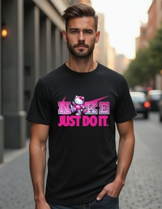 Bărbat purtând un tricou negru cu un design inspirat de Nike. Logo-ul "NIKE" este personalizat într-un stil roz vibrant, iar literele sunt acompaniate de un personaj animat cunoscut și adorat(Hello Kitty), adăugând o notă drăguță și jucăușă. Sub logo apar