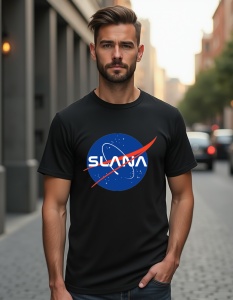 Bărbat purtând un tricou negru cu un design inspirat de NASA, având textul 'SLANA' în interiorul unui cerc albastru, cu o traiectorie roșie și puncte care imită stelele.