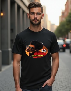 Bărbat purtând un tricou negru cu un design inspirat de artistul The Weeknd, conținând imaginea lui în stil retro cu ochelari de soare, textul 'XO' și numele 'The Weeknd