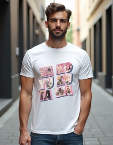 Bărbat purtând un tricou alb cu textul colorat "YA KO YU KU TA WA" stilizat pe piept, într-un peisaj urban.