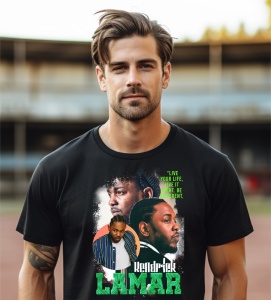 Un bărbat purtând un tricou negru cu un design ce include imagini ale artistului Kendrick Lamar și un citat: 'Live your life, live it right. Be different.' Numele Kendrick Lamar este afișat în partea de jos, pozând într-un mediu exterior, posibil într-un 