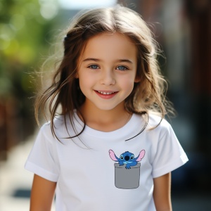 Tricou personalizat pentru copii din bumbac 100% cu imprimeu de buzunar - Stitch albastru adorabil - Cadou pentru fanii Lilo & Stitch - Img 2