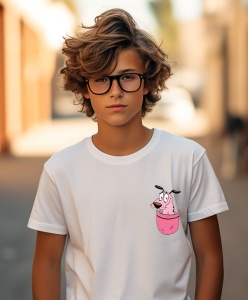 Tricou personalizat pentru copii din bumbac 100% cu imprimeu de buzunar - Courage Cainele Fricos - Tricou amuzant pentru copii