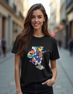Femeie purtând un tricou negru cu un design colorat al unui jucător de baschet în mișcare, alături de un logo stilizat Nike și elemente grafice vibrante