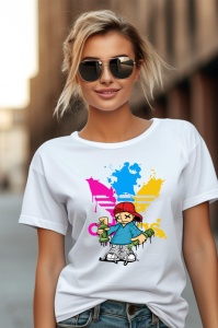 Fată cu ochelari de soare, purtând un tricou alb cu un design grafic colorat, ce include un personaj animat stilizat și stropi de culoare vibrantă, pe un fundal urban.