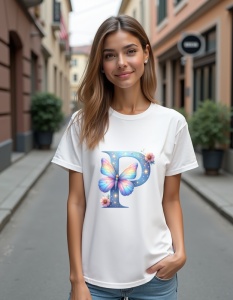 Tricou personalizat pentru dama din bumbac 100% - Butterfly - Litera P