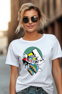 Fată zâmbitoare purtând ochelari de soare și un tricou alb cu un desen colorat al unui personaj animat pe role, într-o imagine stilizată pe fundal urban.