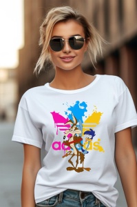 Femeie purtând ochelari de soare și un tricou alb cu un design colorat ce înfățișează personajele animat Road Runner și Wile E. Coyote, împreună cu un logo Adidas stilizat în culori vibrante.